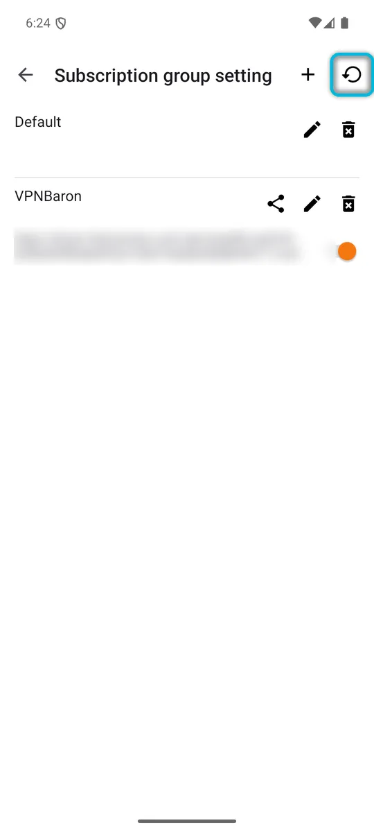 The subscription list, with the update icon highlighted