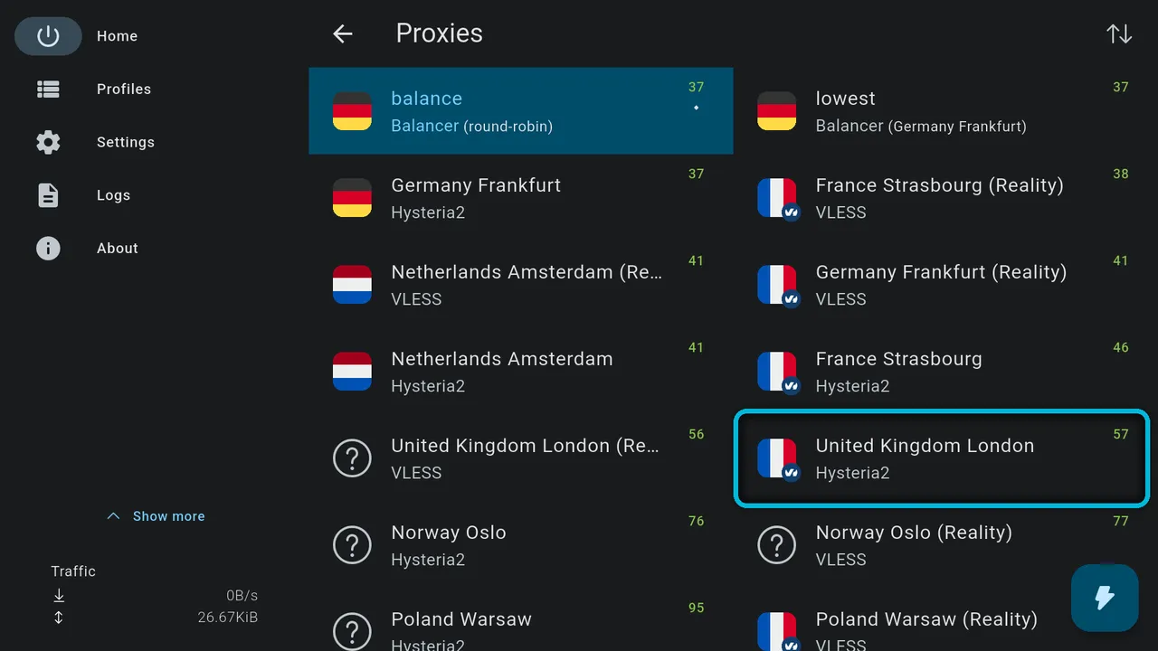 The server list, with United Kingdom London (Hysteria2) highlighted