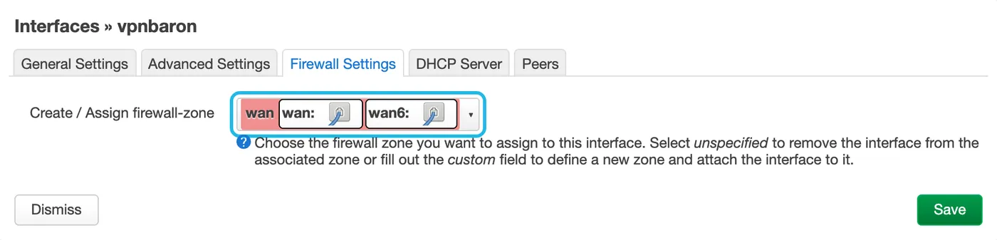 The Firewall Settings tab, with the wan zone chosen
