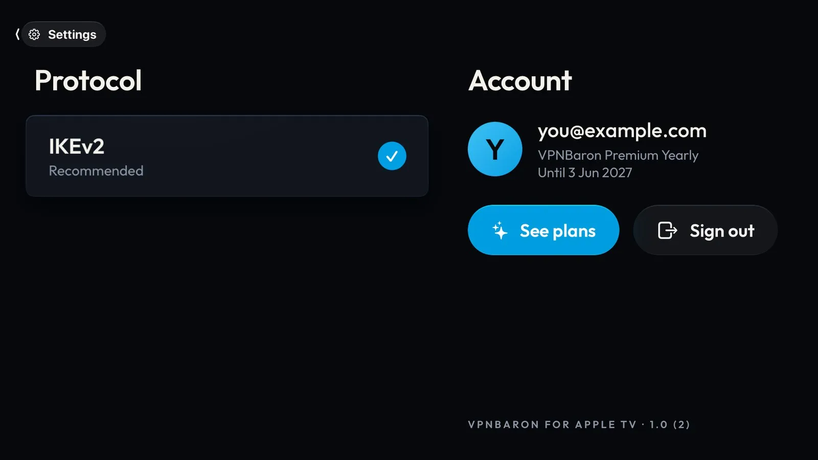 Settings: IKEv2, your account and plan, See plans and Sign out