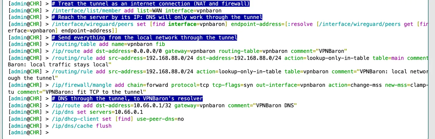 The WebFig Terminal after pasting the commands, with no errors