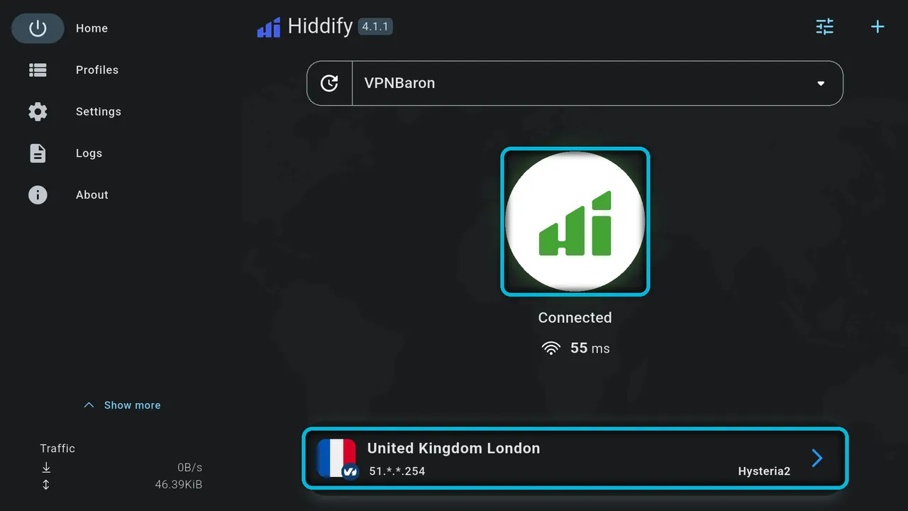 Connected to United Kingdom London over Hysteria2