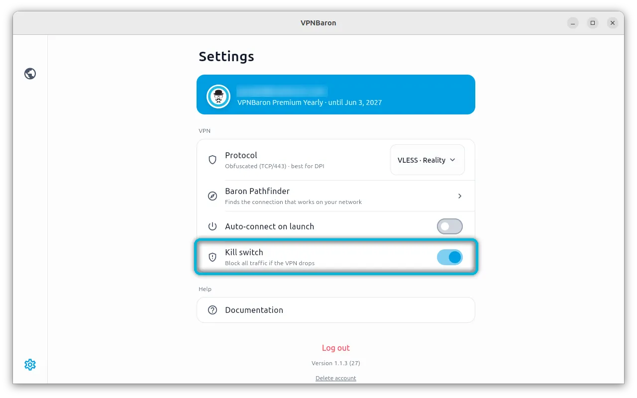 Settings, with the kill switch highlighted