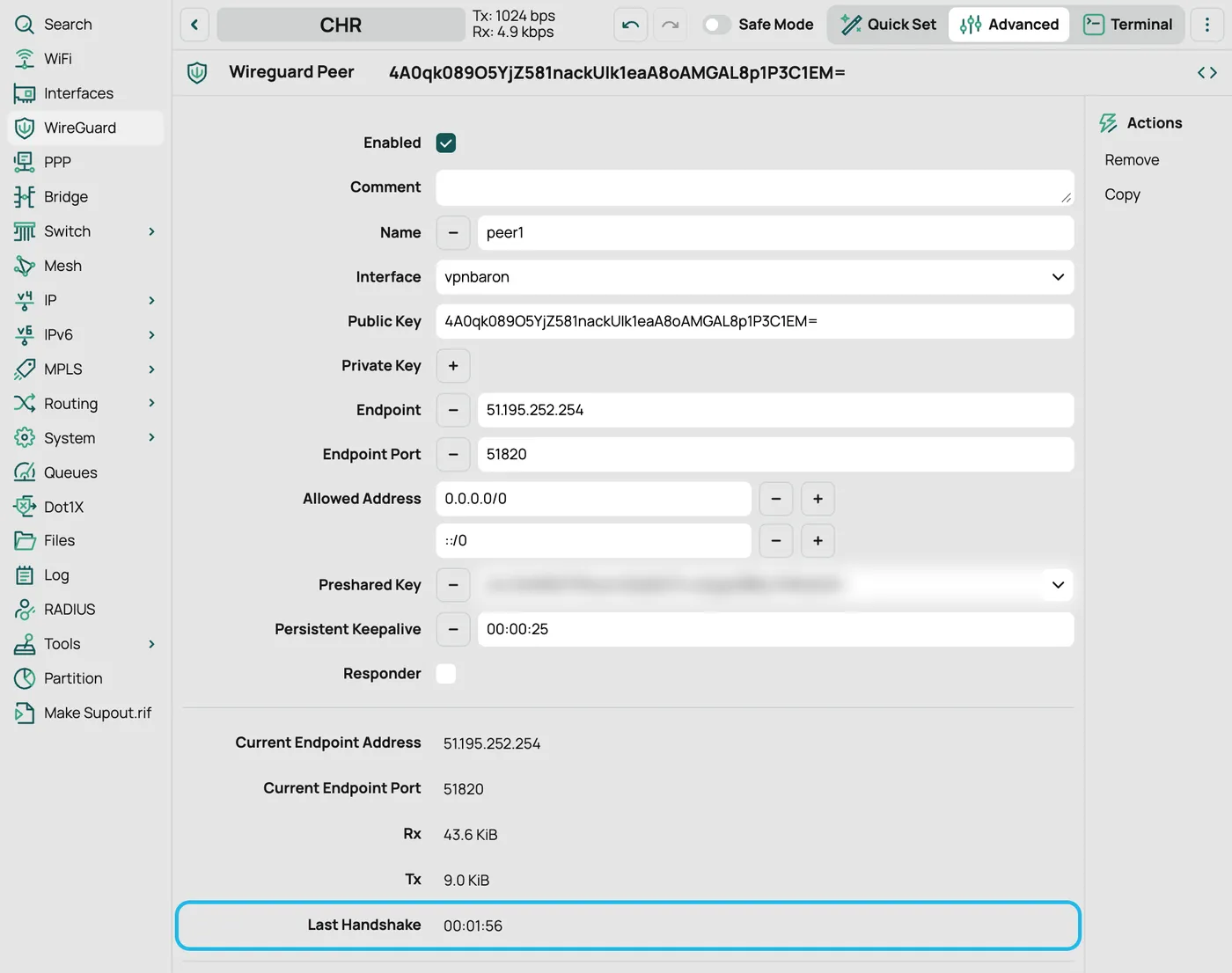 The peer's settings, with the Last Handshake time highlighted and the preshared key blurred