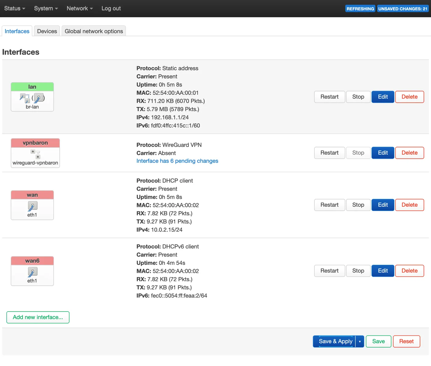 The Interfaces page with the new vpnbaron interface, and Save & Apply highlighted