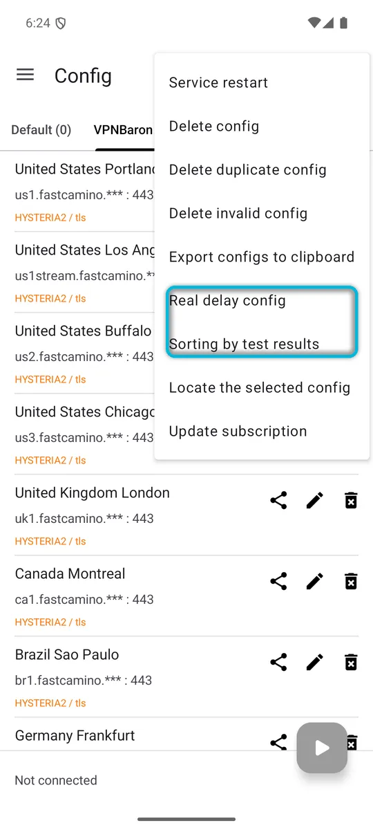 The ⋮ menu, with Real delay config and Sorting by test results highlighted