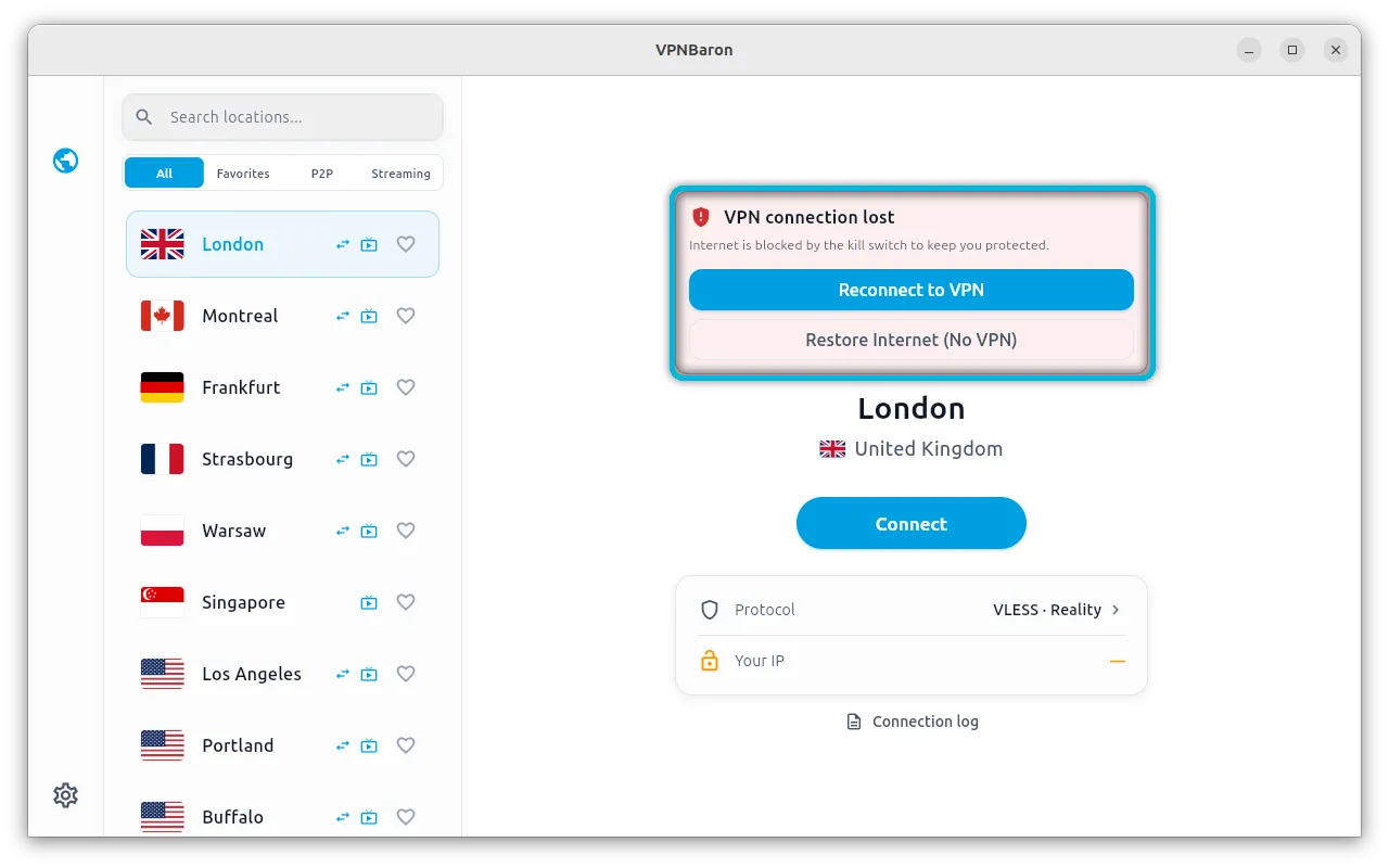 VPN connection lost, with Reconnect to VPN and Restore Internet highlighted