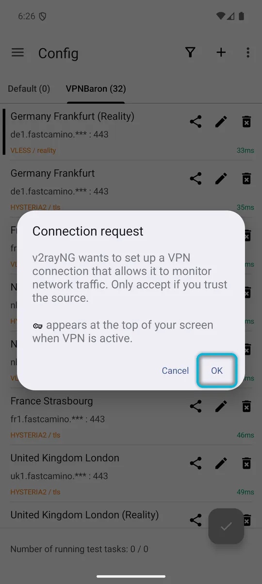 Android's Connection request, with OK highlighted