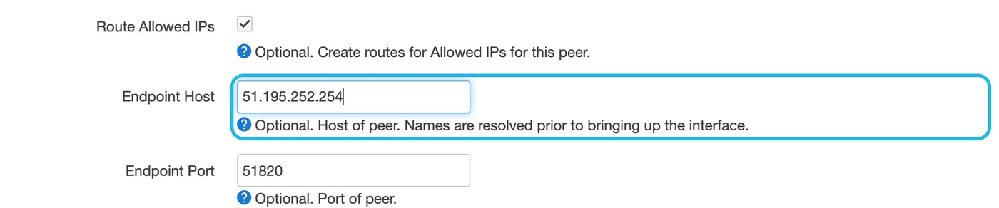 The peer's settings, with the server's IP address in Endpoint Host