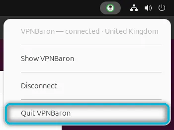 The VPNBaron menu in the top bar, with Quit VPNBaron highlighted