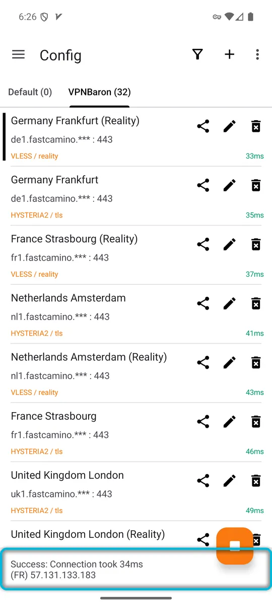 Connected: Success, Connection took 34ms, with the server's address