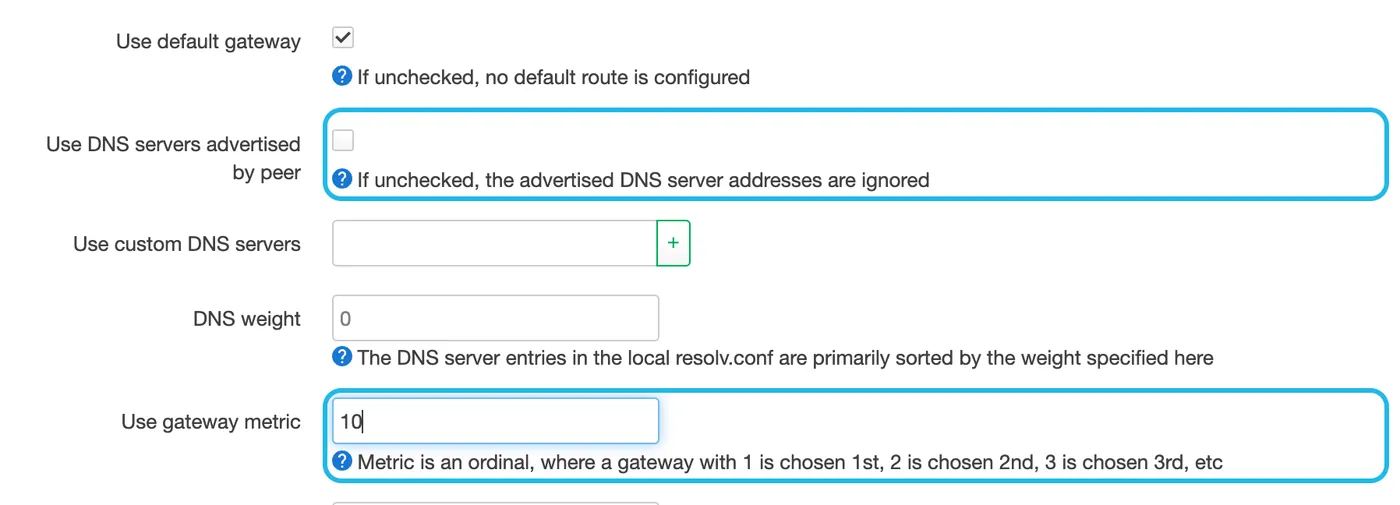 The wan interface's Advanced Settings, with Use DNS servers advertised by peer unticked and the gateway metric set to 10