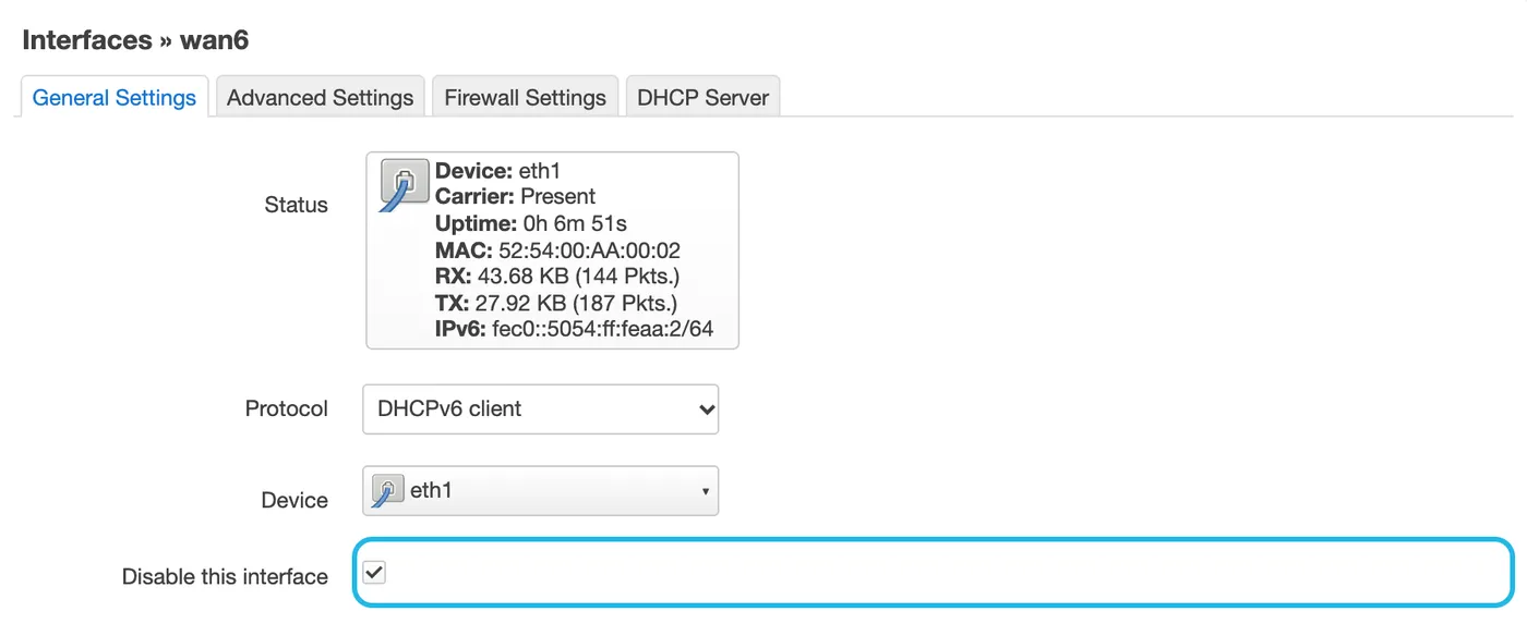 The wan6 interface's General Settings, with Disable this interface ticked