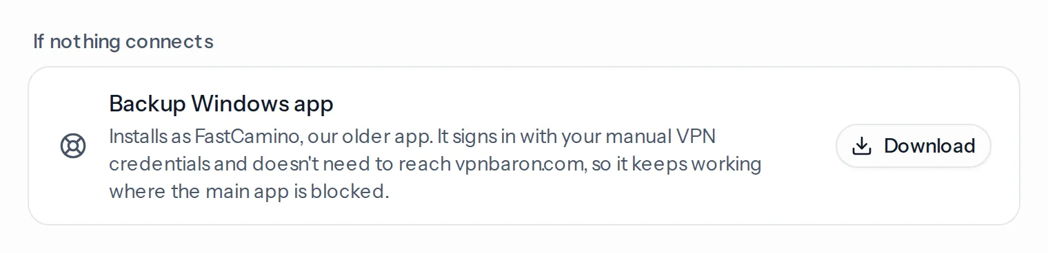 If nothing connects: the backup Windows app, with a Download button