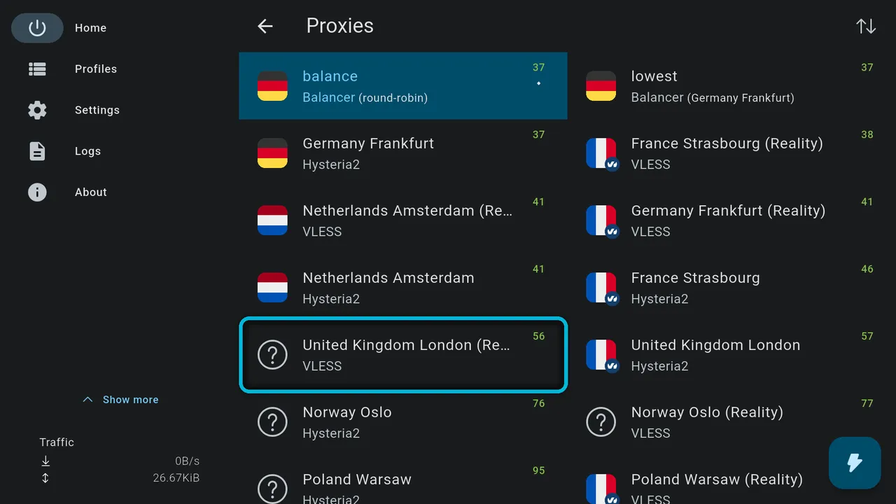 The server list, with one location highlighted