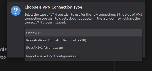 Choose a VPN Connection Type dialog with IPsec/IKEv2 (strongswan) listed