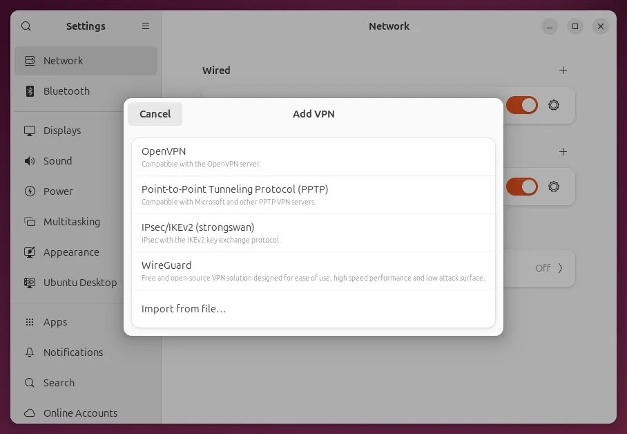 Add VPN in Ubuntu Settings, listing OpenVPN, PPTP, IPsec/IKEv2 (strongswan), WireGuard and Import from file