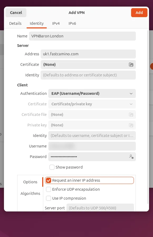 The Identity tab of the IKEv2 connection: server address, EAP authentication, username and password filled in, and Request an inner IP address ticked