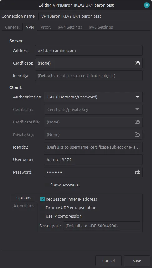 strongSwan VPN settings in NetworkManager with EAP authentication and Request an inner IP address checked