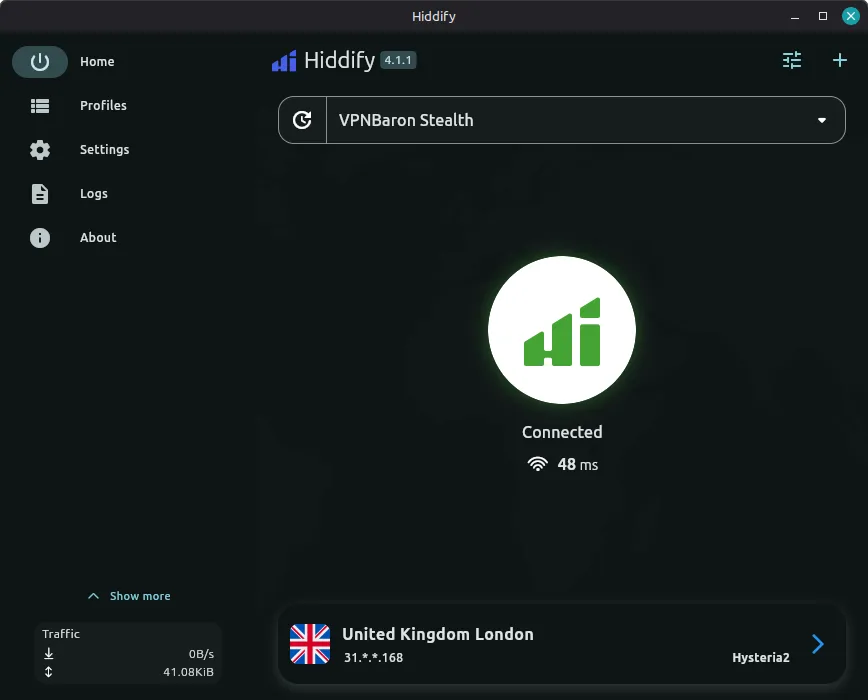 Hiddify connected through United Kingdom London on Hysteria2
