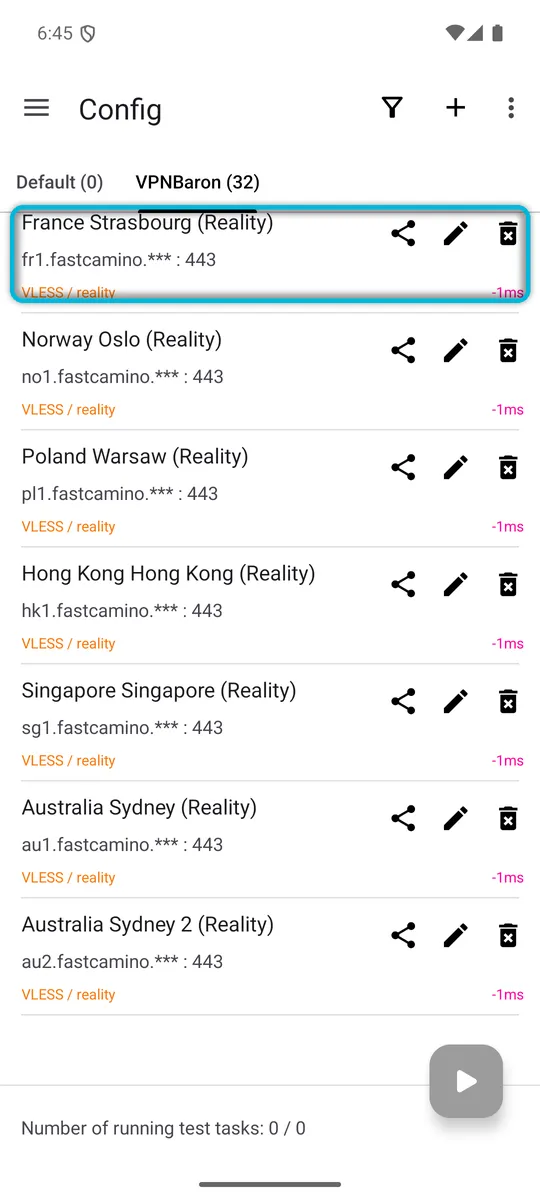 Real delay test results showing -1ms for each server