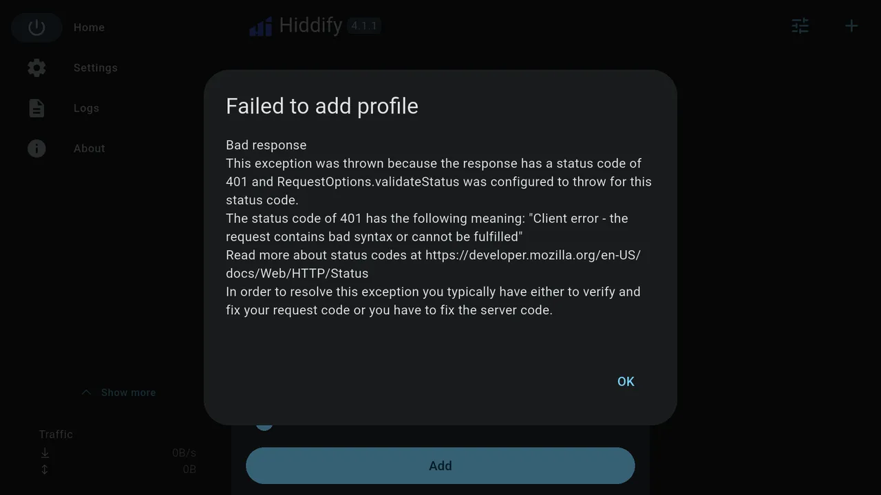 Failed to add profile: Bad response, with a status code of 401