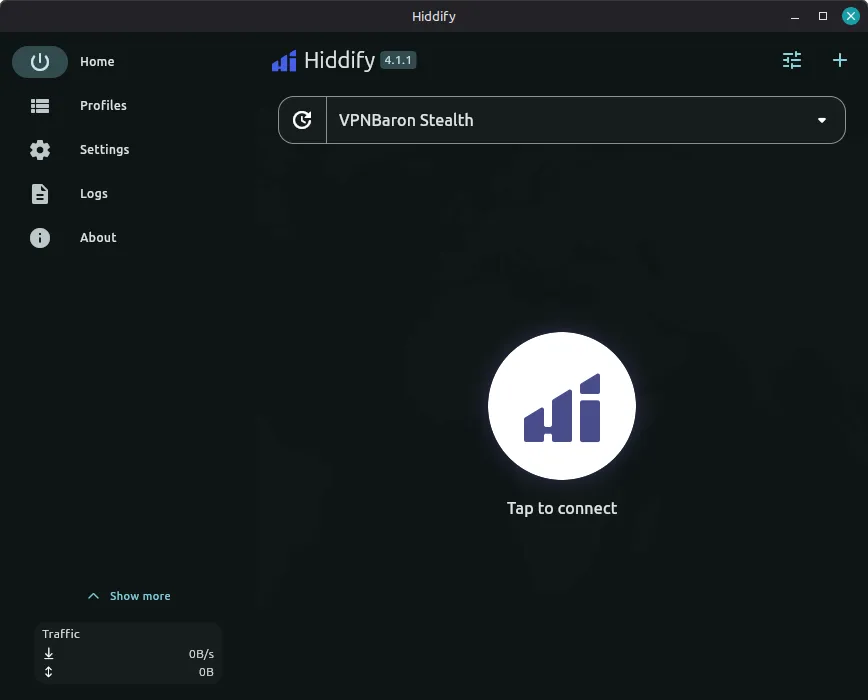 Hiddify home screen with the VPNBaron Stealth profile imported