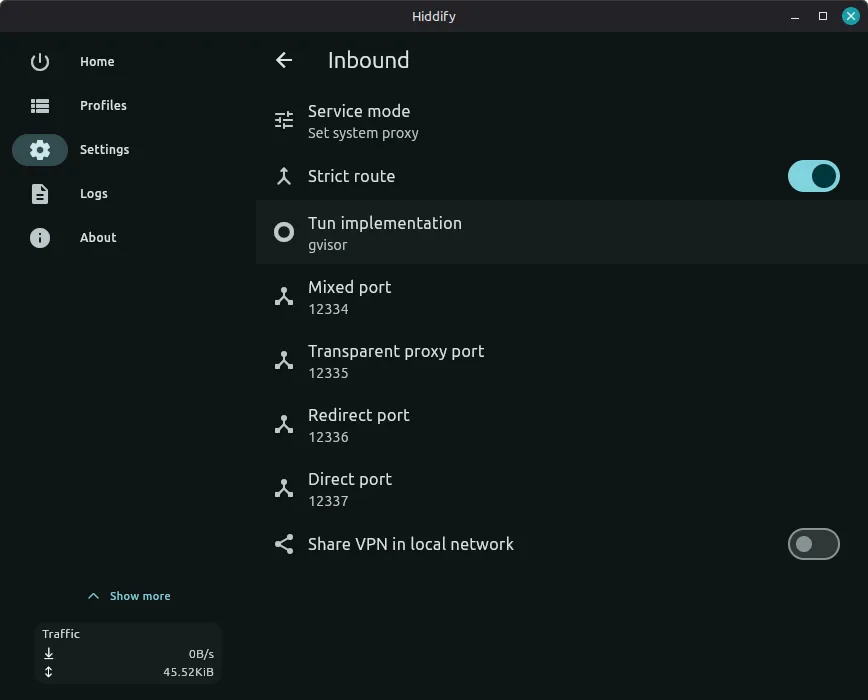 Hiddify Inbound settings showing Set system proxy service mode
