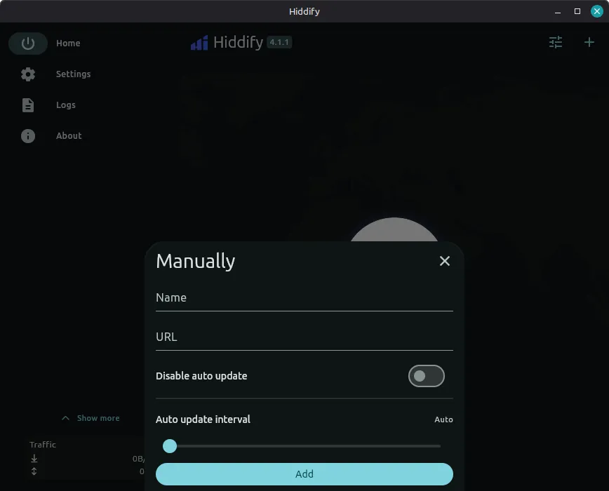 Hiddify manual import dialog with Name and URL fields