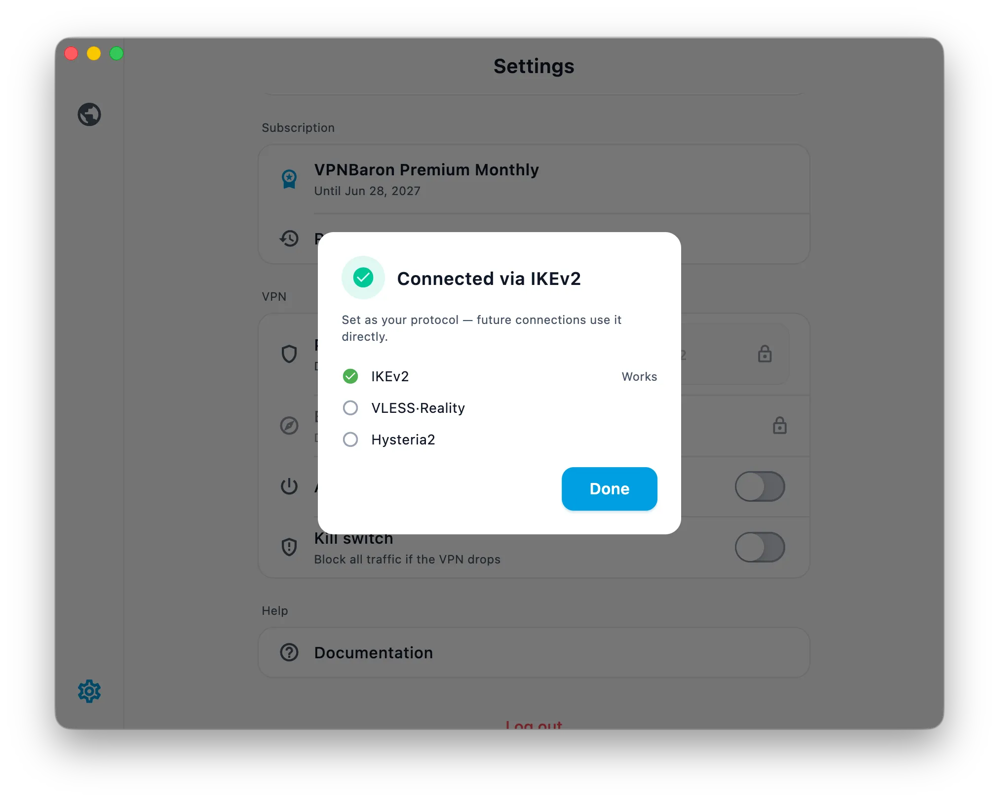 Baron Pathfinder in the VPNBaron app after testing protocols, connected with the working option selected
