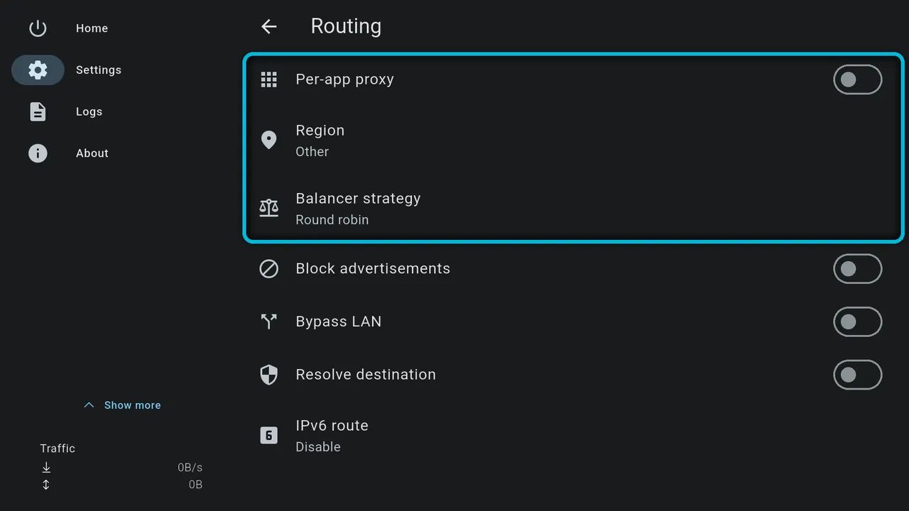 Routing settings: Per-app proxy, Region and Balancer strategy