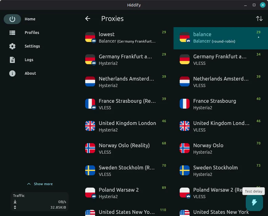 Hiddify proxy selector listing VLESS and Hysteria2 entries per location with latencies