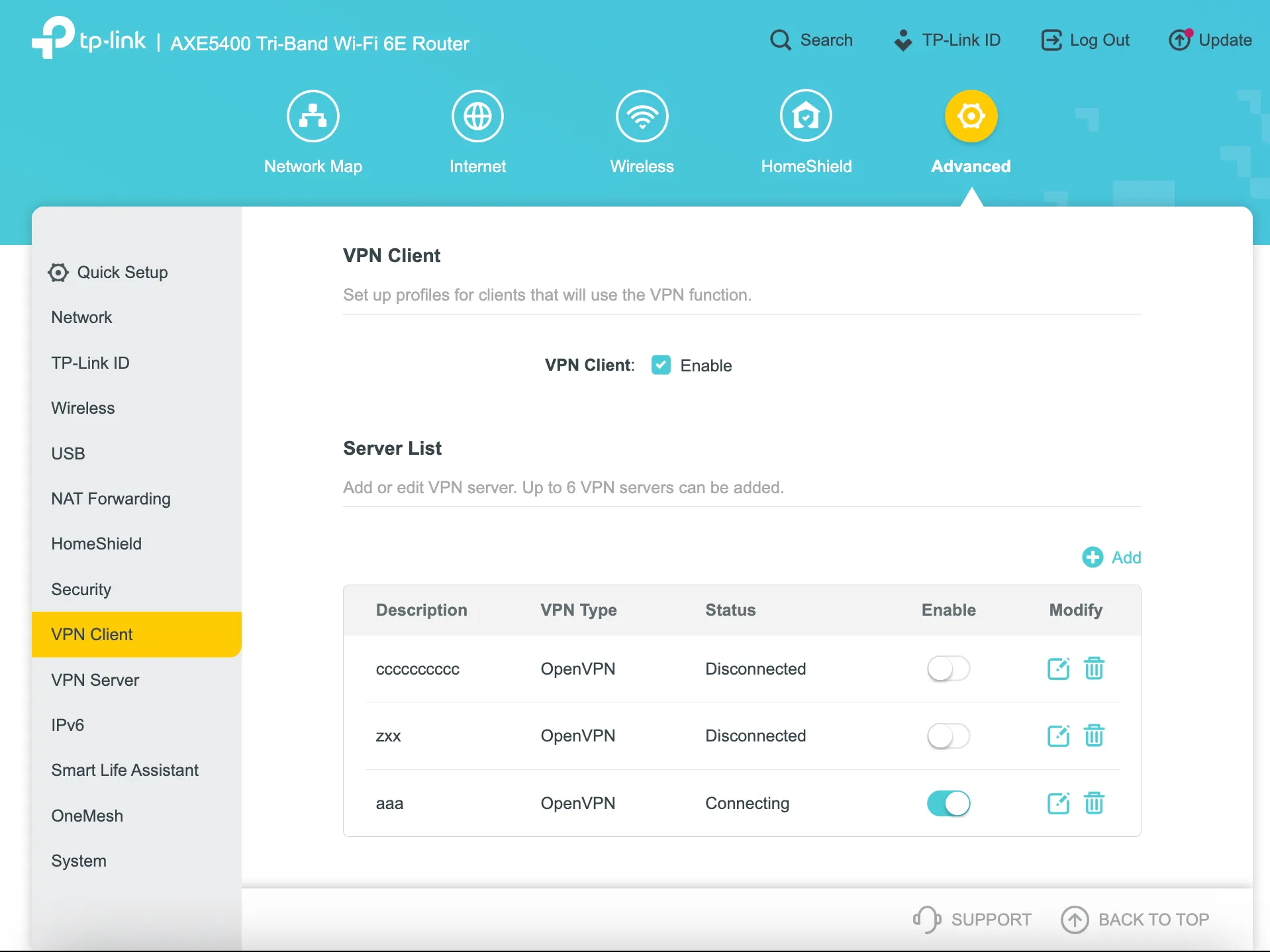 TP-Link VPN Client settings page