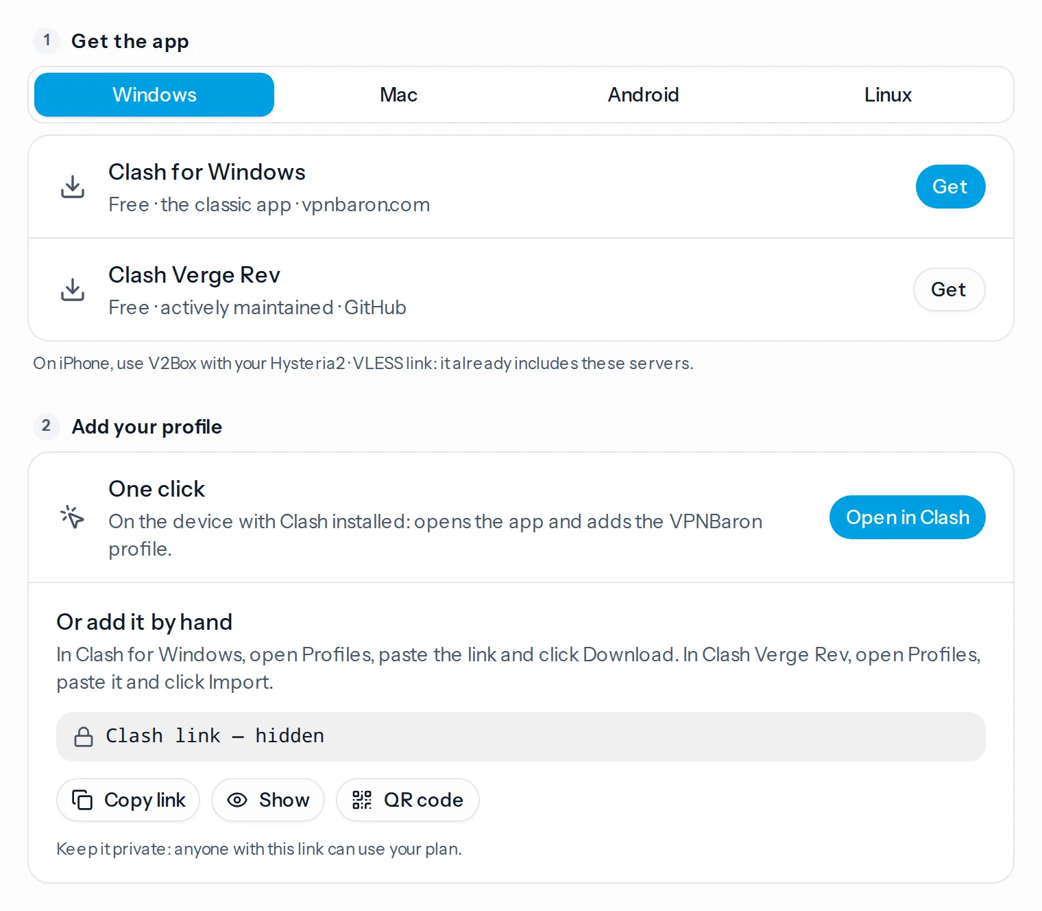 Get Clash for Windows or Clash Verge Rev, then add your profile with one click or by hand