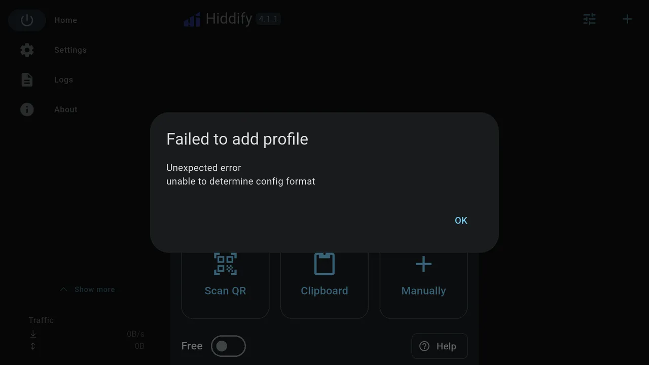 Failed to add profile: Unexpected error, unable to determine config format