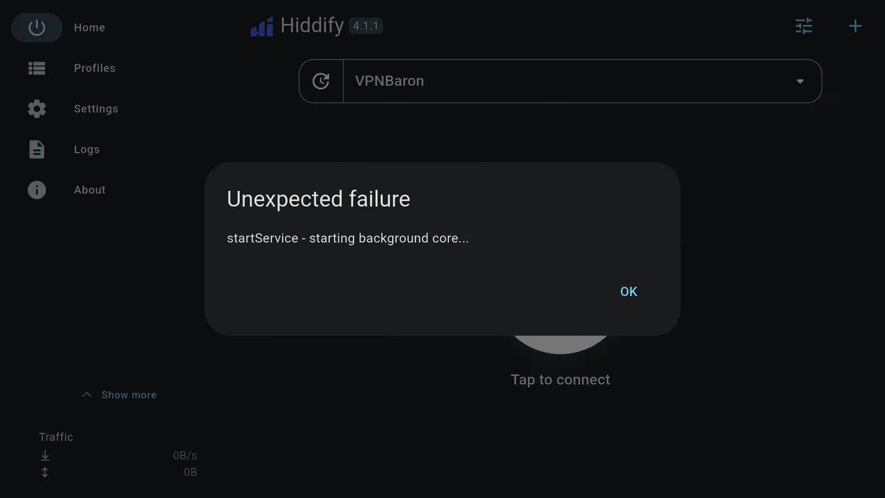 Hiddify's Unexpected failure message: startService - starting background core