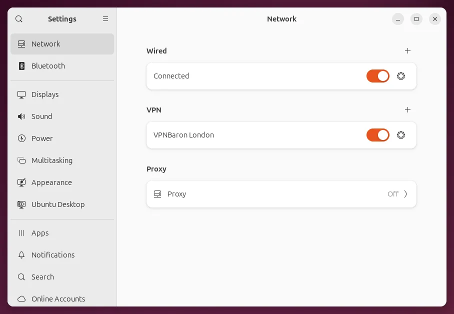 Ubuntu Settings, Network, with the VPNBaron London IKEv2 connection switched on