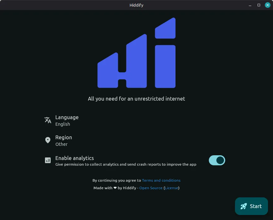 Hiddify welcome screen with the Start button