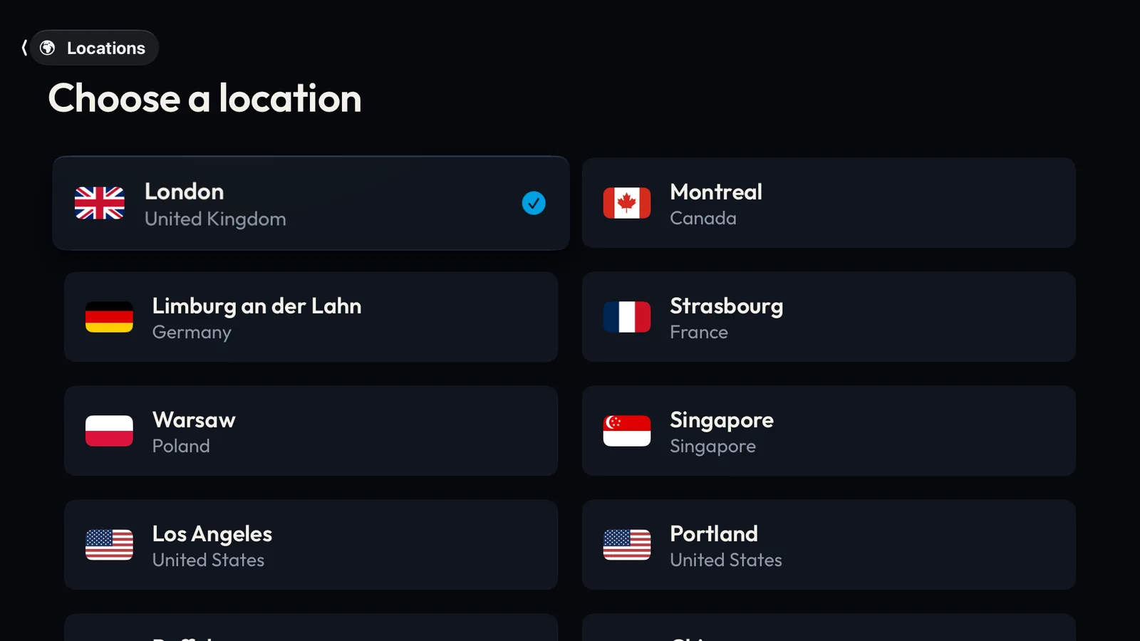 Choosing a location in the VPNBaron Apple TV app