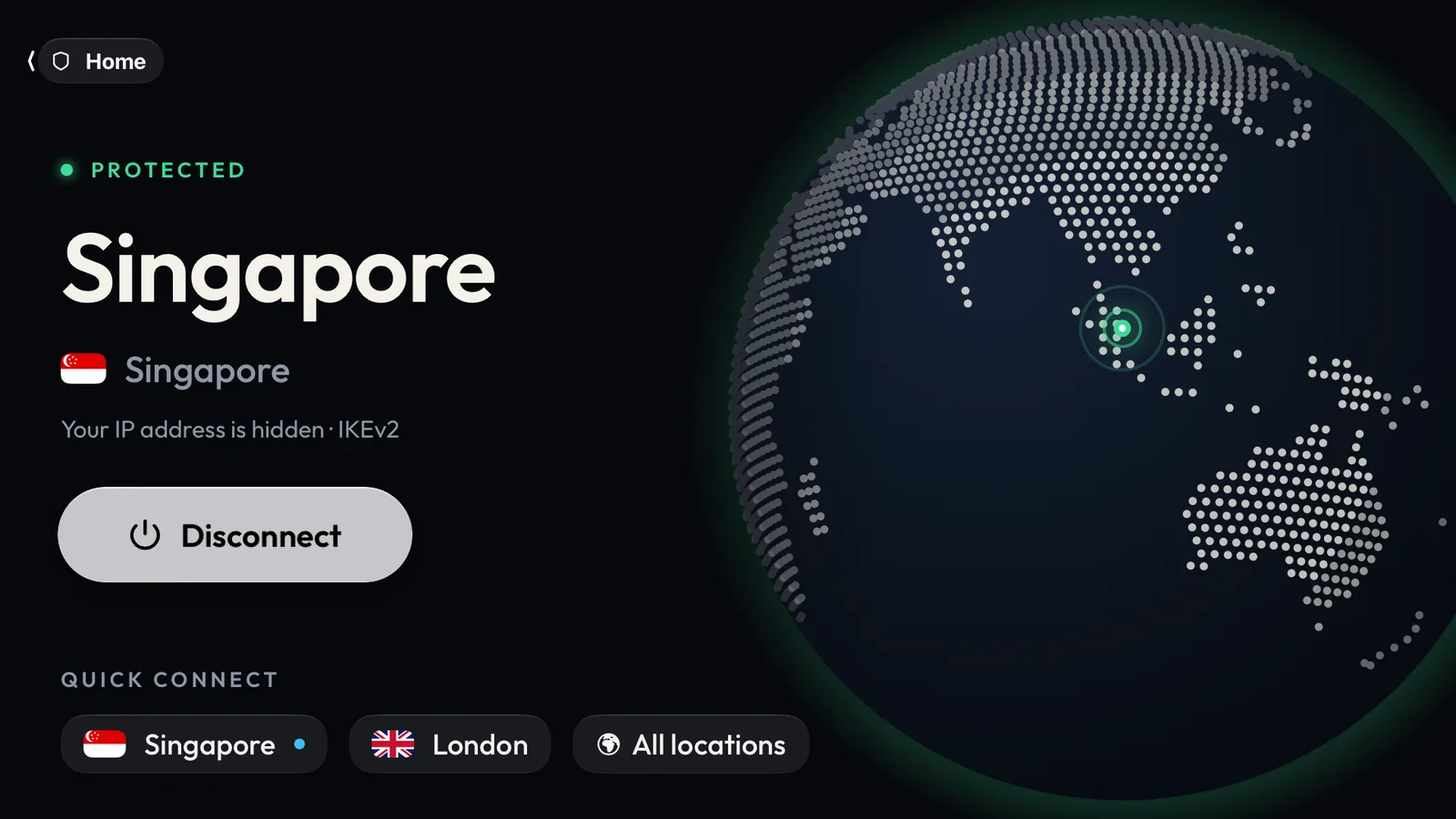 The VPNBaron Apple TV app connected to Singapore