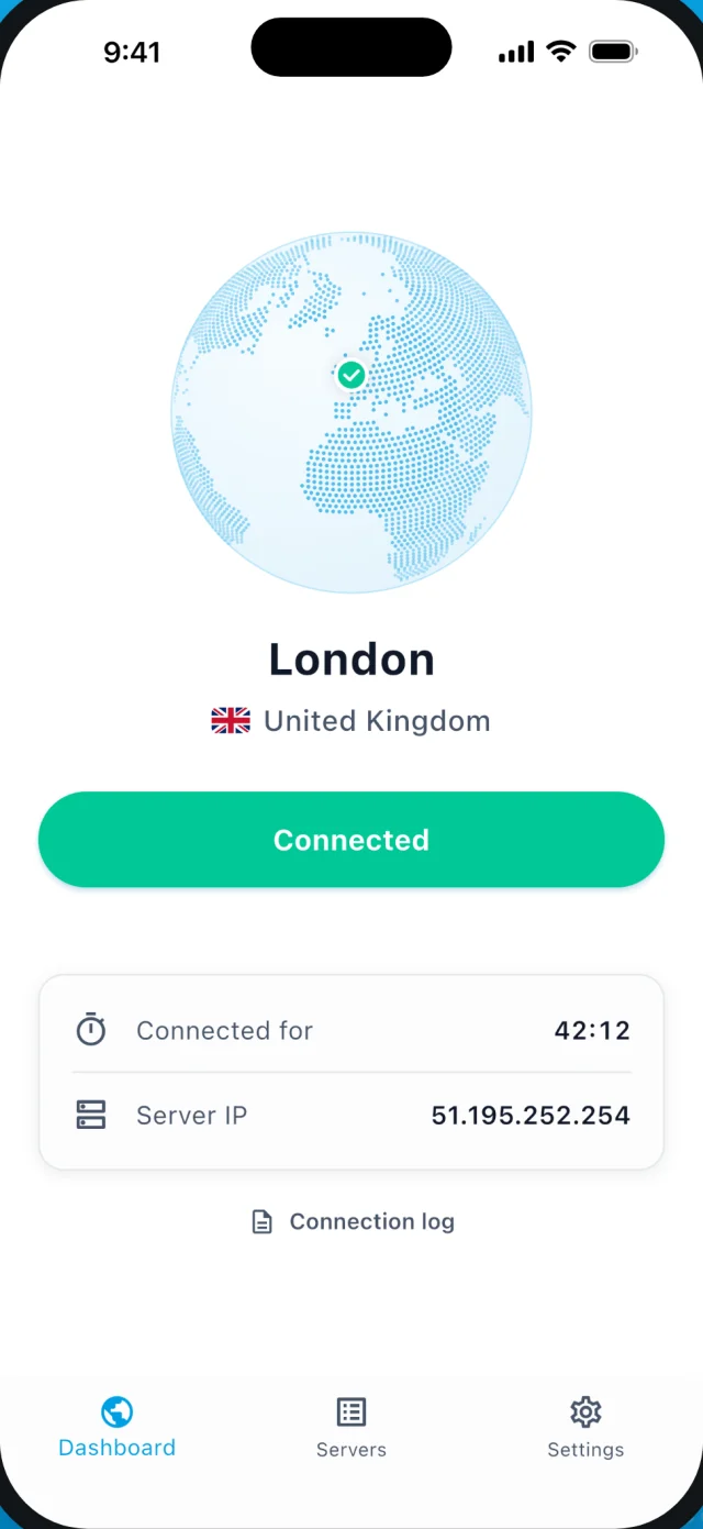 The VPNBaron app, connected to London