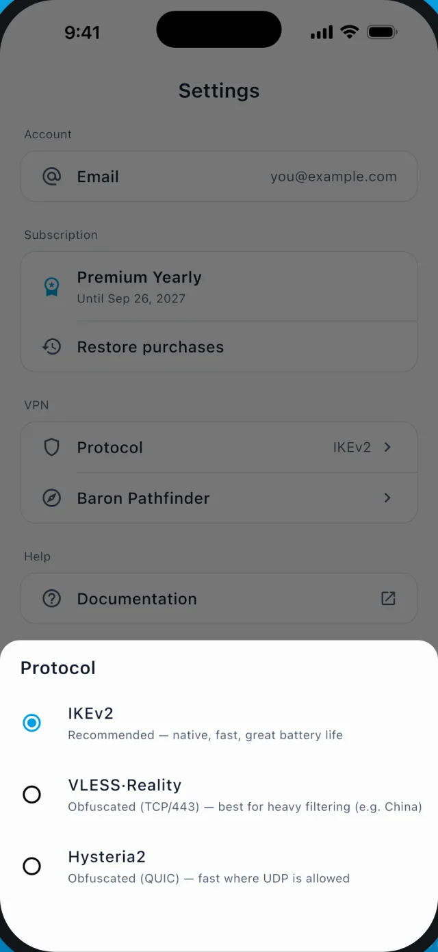 Choosing a protocol in the VPNBaron app