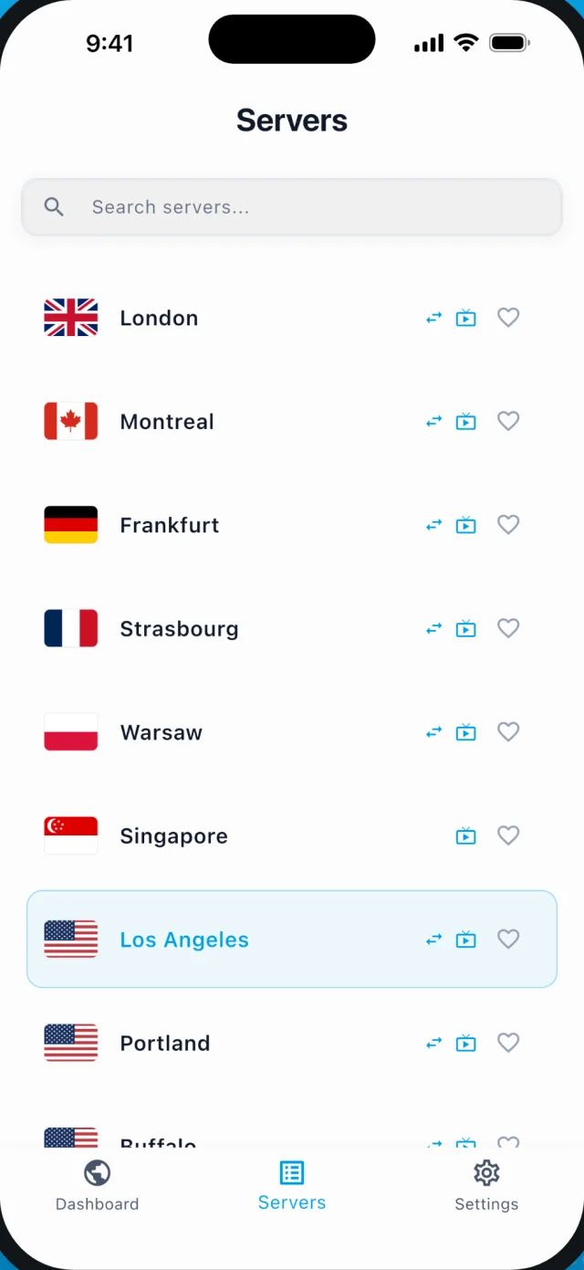 The VPNBaron server list with streaming and P2P markers