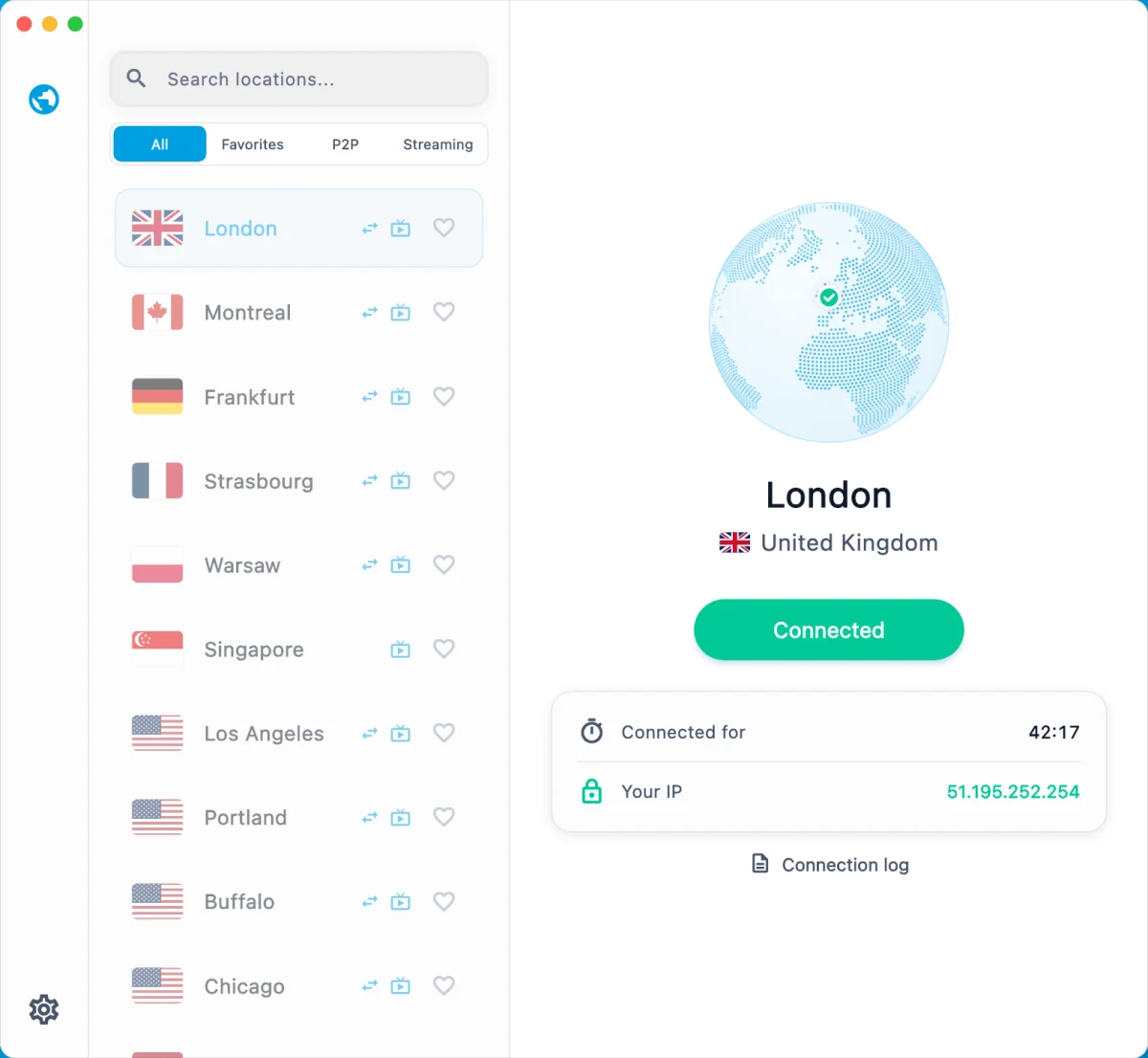 The VPNBaron Mac app, connected to London