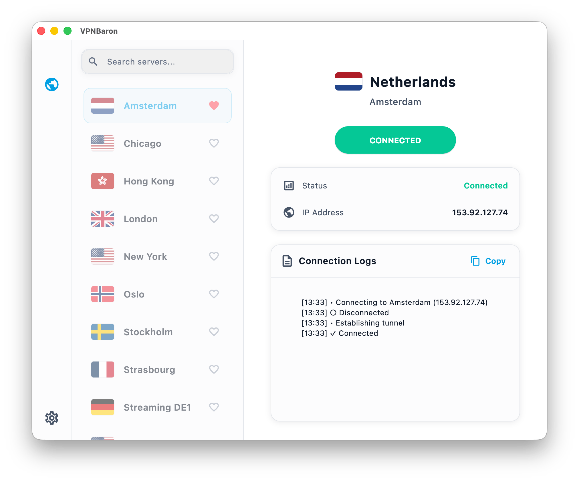 The VPNBaron app running on macOS