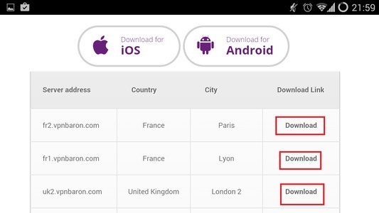 VPNBaron Download Servers