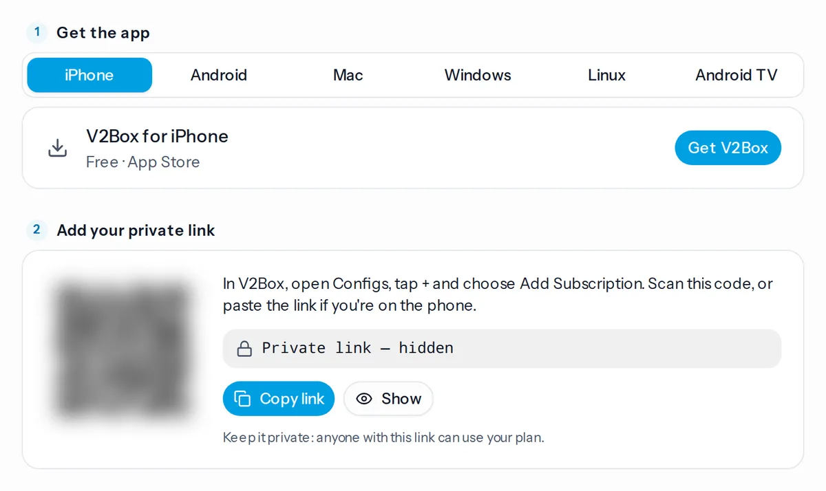 Your account's Hysteria2 · VLESS page: get V2Box, then add your private link with Copy link or the QR code
