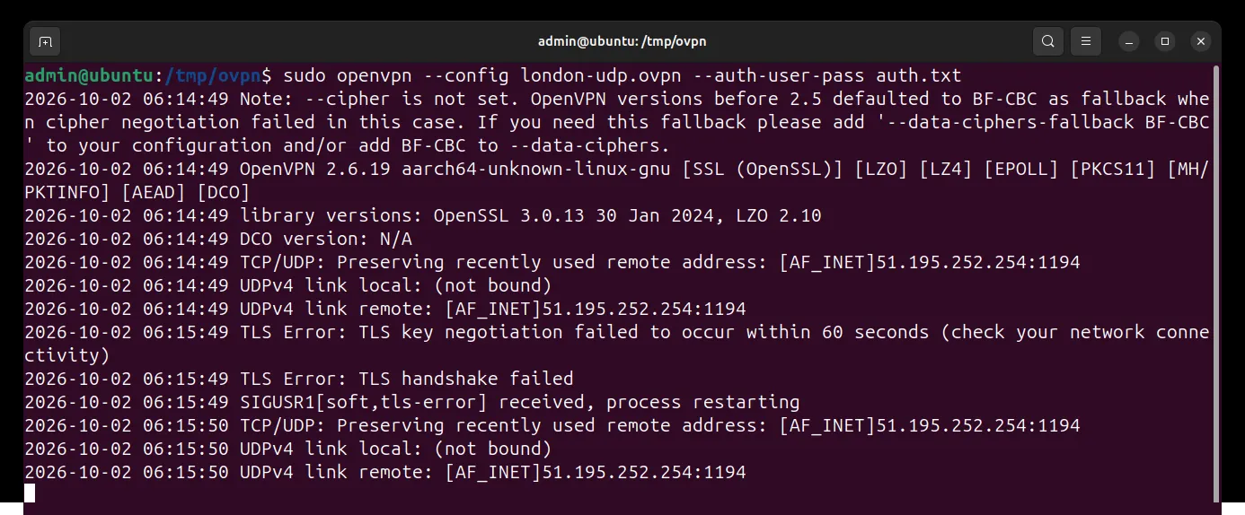 OpenVPN log in a terminal: the client contacts the server, then after 60 seconds prints TLS Error: TLS key negotiation failed to occur within 60 seconds, and TLS handshake failed