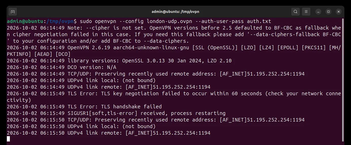 OpenVPN log in a terminal: the client contacts the server, then after 60 seconds prints TLS Error: TLS key negotiation failed to occur within 60 seconds, and TLS handshake failed