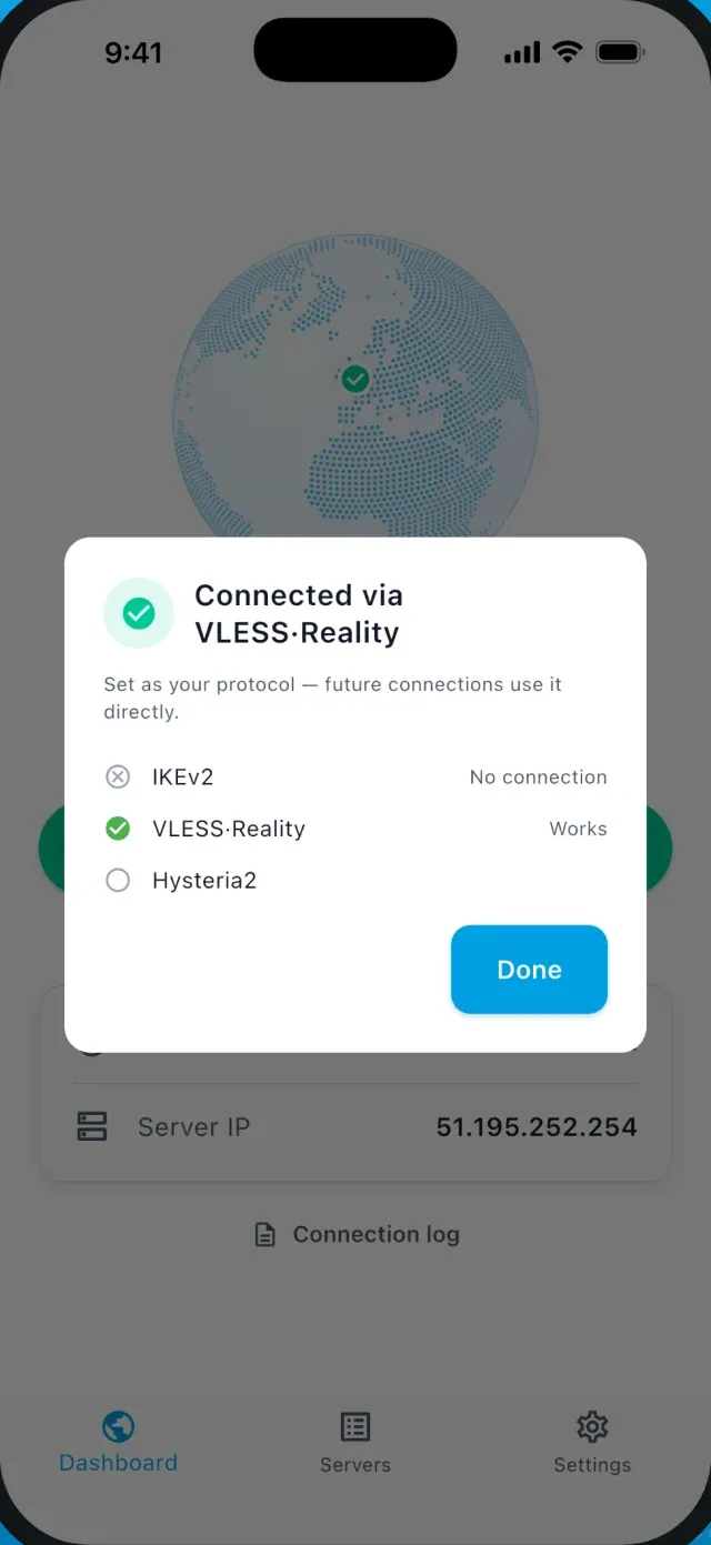 Baron Pathfinder in the VPNBaron iPhone app: IKEv2 shows No connection, VLESS Reality shows Works, and the app is connected via VLESS Reality